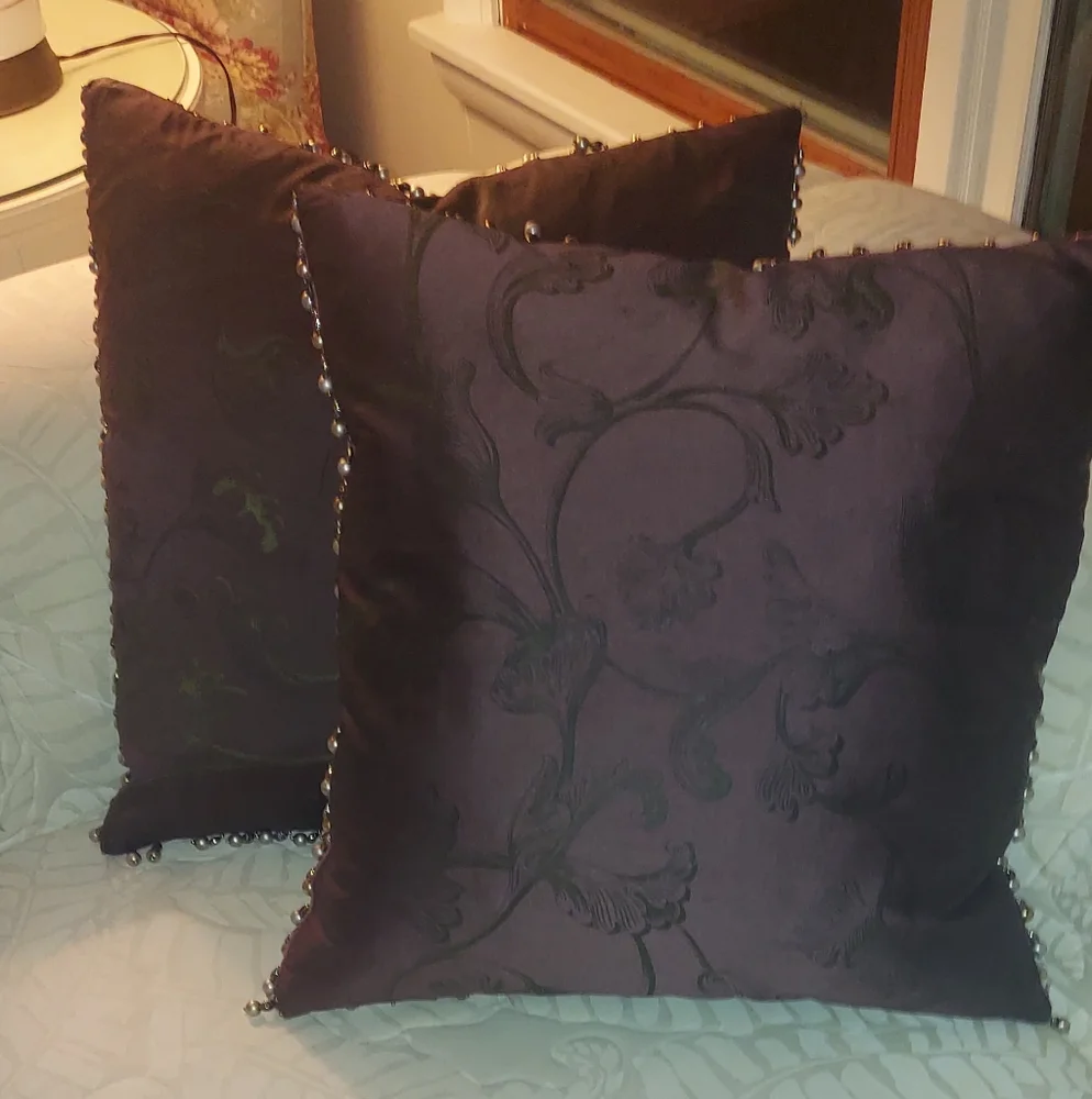 2 Pc Vintage Silk Chocolate Brown Floral Down Pearl Beaded Embellishment Pillows